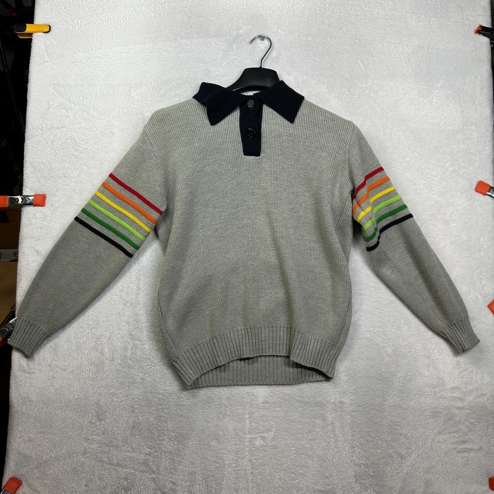 Vintage Polo Sweater Men's Gray Knit Rainbow Stripe Long Sleeve Retro Classic‎